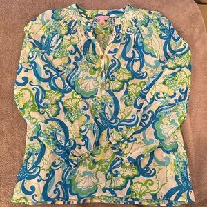 Lilly Pulitzer Elsa blouse 100% silk XS white blue green